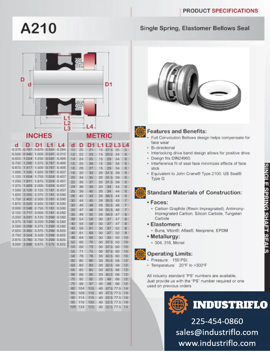 A210 Single Spring Elastomer Bellows Seal