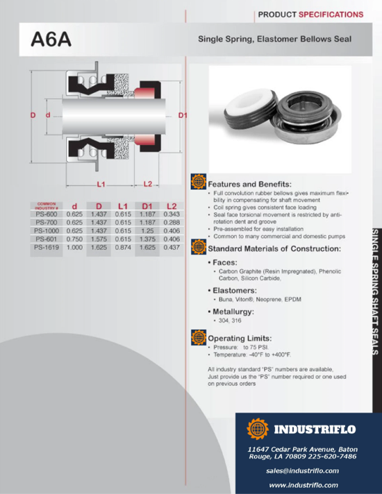 A6A - Single Spring Elastomer Bellows Seal