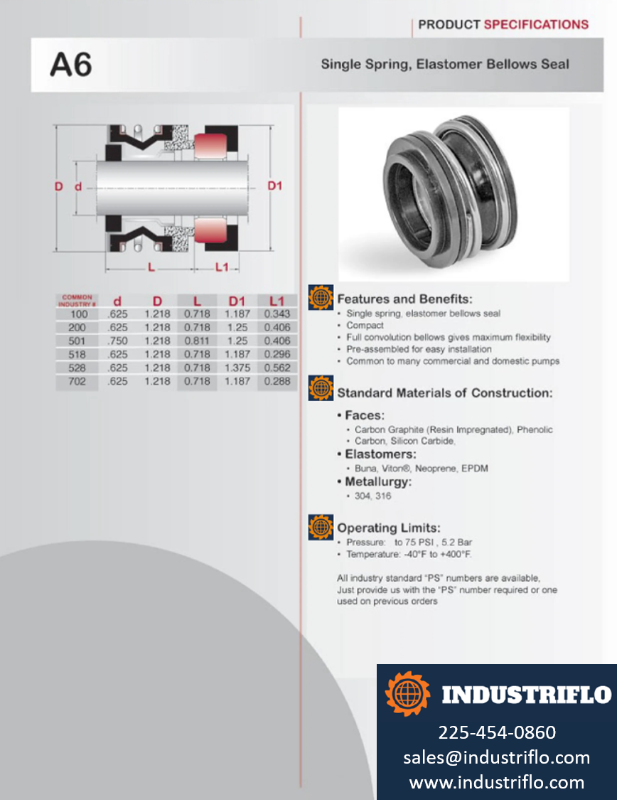 A6 - Single Spring Elastomer Bellows Seal