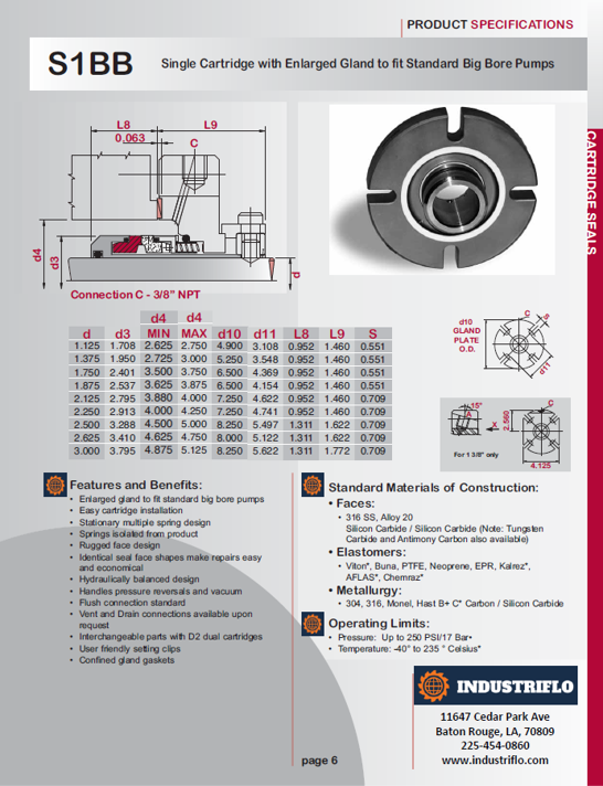 S1BB - Single Cartridge with Enlarged Gland for Standard Big Bore Pumps